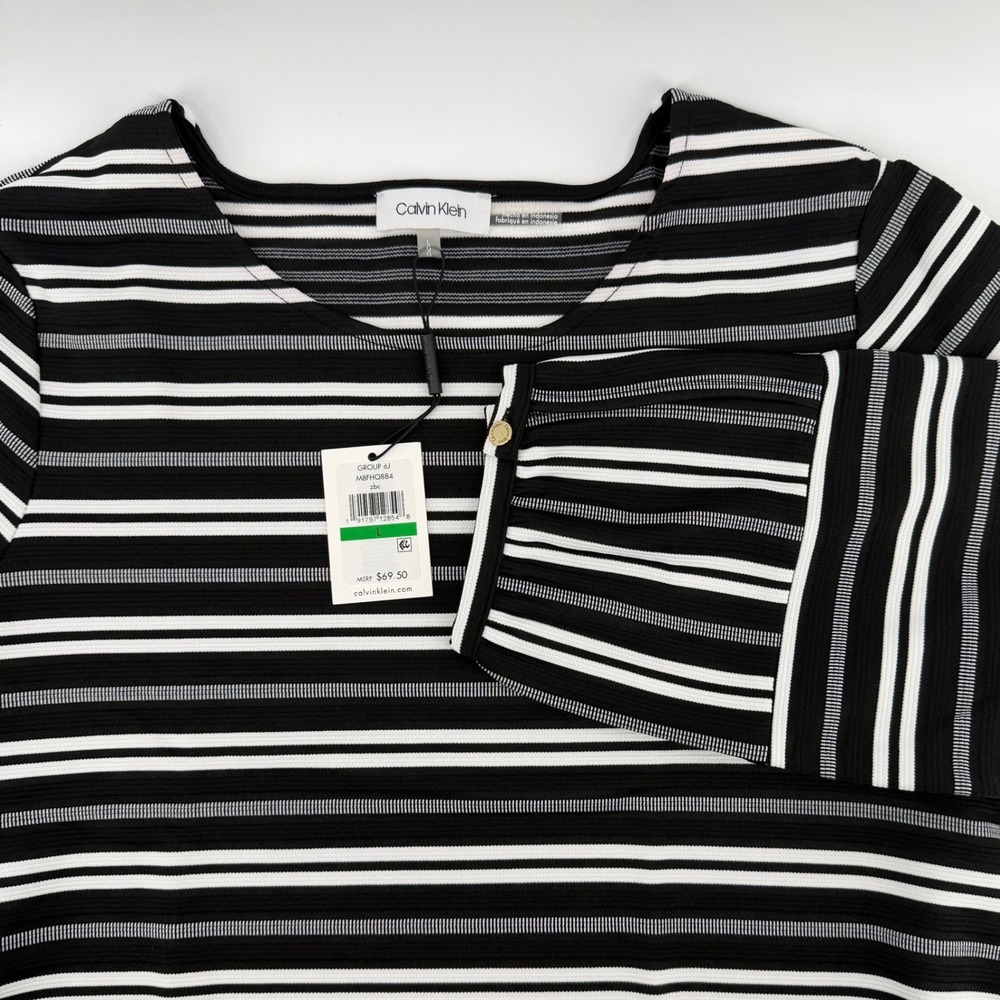 Calvin Klein Striped 3/4 Sleeve Top Women Size Large Black White